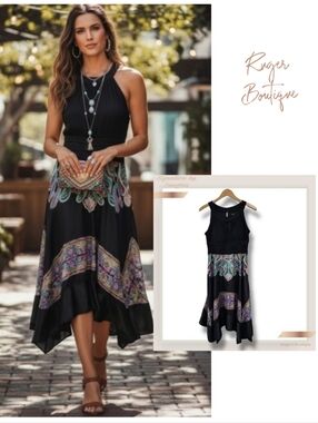 🌿Signature by Sangria Women's 14 Black & Multicolor Assymetical Sleeveles Dress